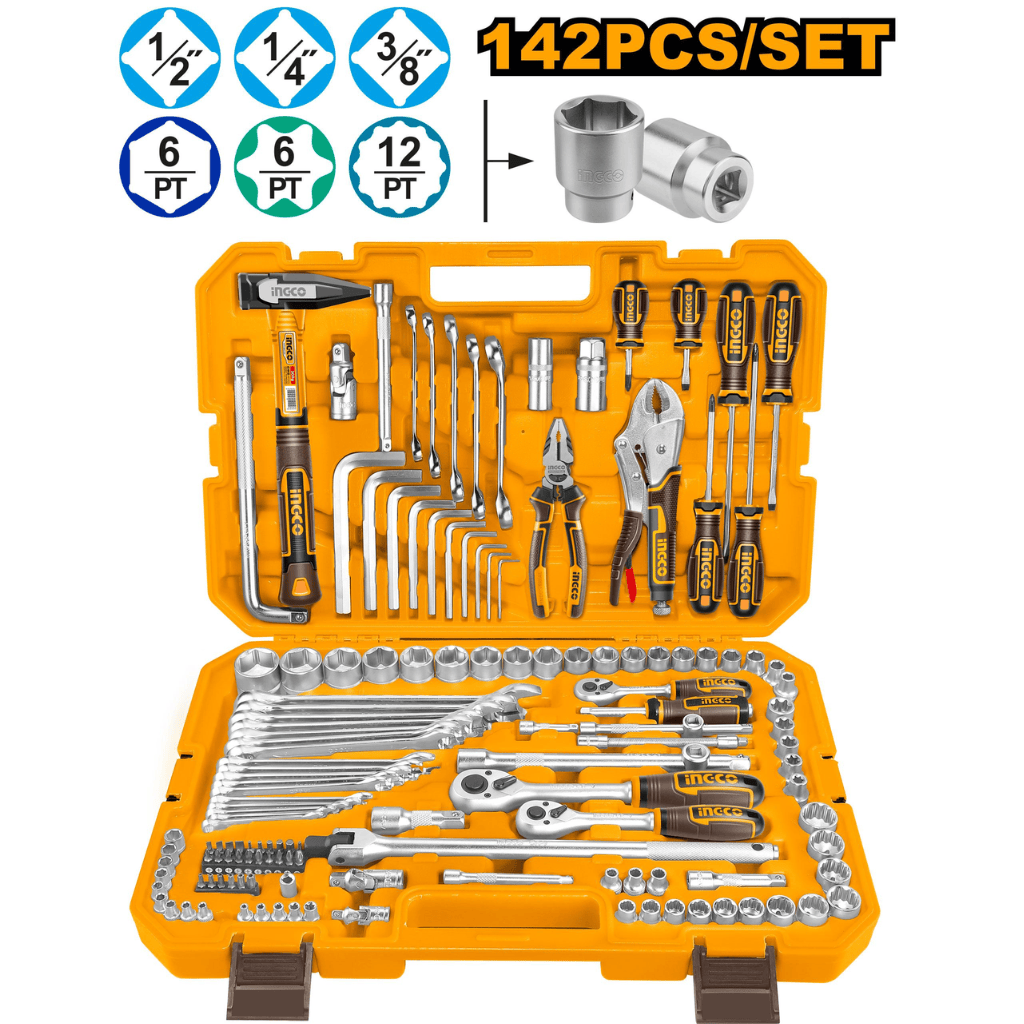 Ingco Tool Set Ingco 142 Pieces Combination Tool Set with Sockets, Ratchets, and Wrenches - HKTHP21421
