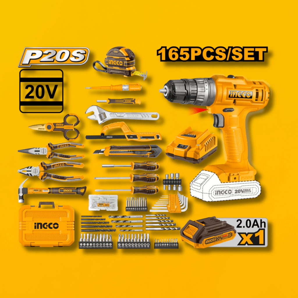 Ingco Tool Set Ingco 165-Piece Tool Set with 20V Lithium-Ion Cordless Impact Drill – HKTHP11651