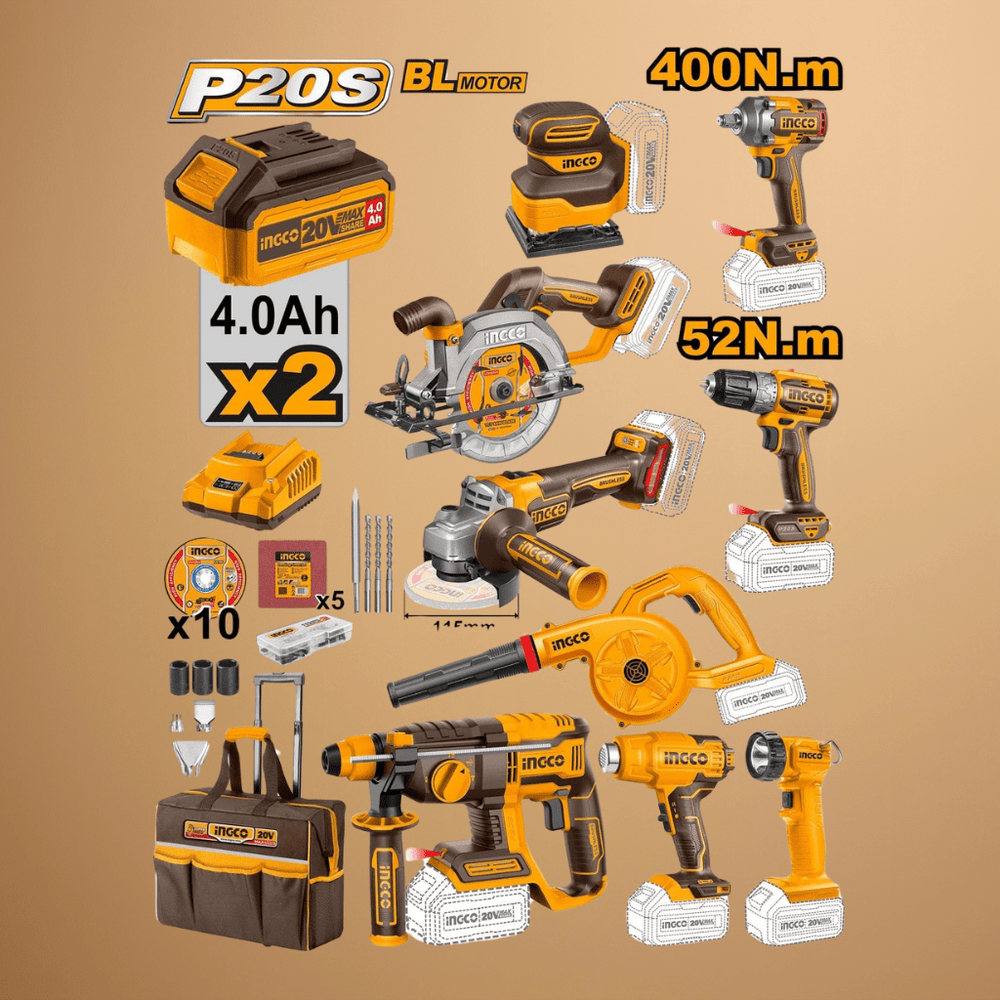 Ingco Power Tool Combo Kit Ingco 20V 9 Pieces Lithium-Ion Cordless Industrial Tools Set - CKLI2098