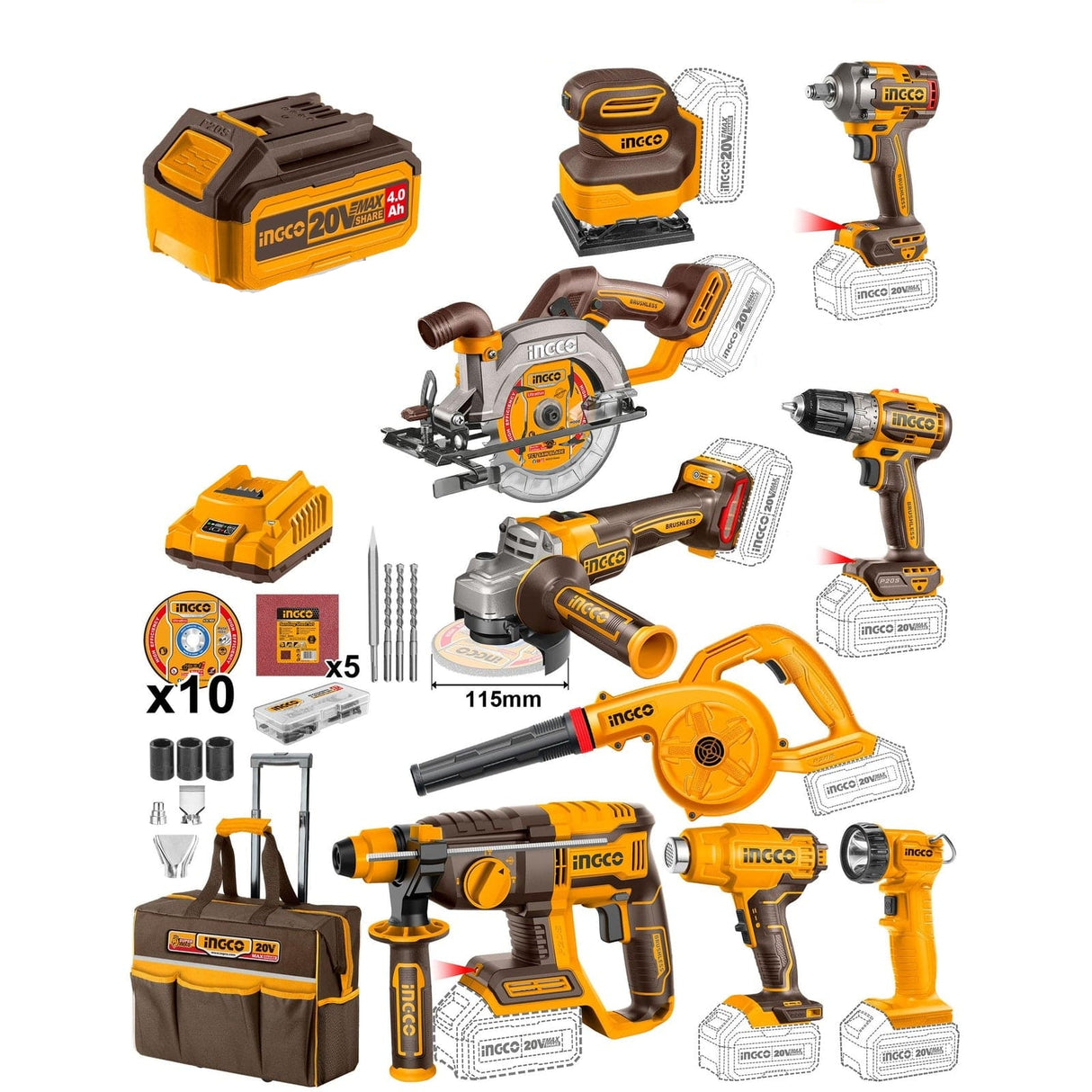 Ingco Power Tool Combo Kit Ingco 20V 9 Pieces Lithium-Ion Cordless Industrial Tools Set - CKLI2098