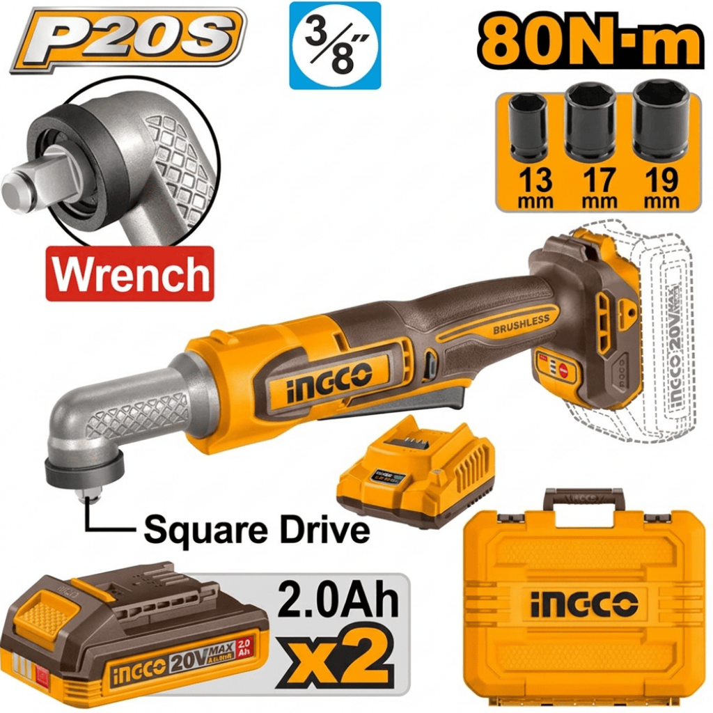 Ingco Impact Wrench & Drivers Ingco 20V Brushless Cordless Angle Impact Wrench 3/8", 65Nm with 2 x 2.0 Ah Batteries, Charger & Accessories - CAIWLI208