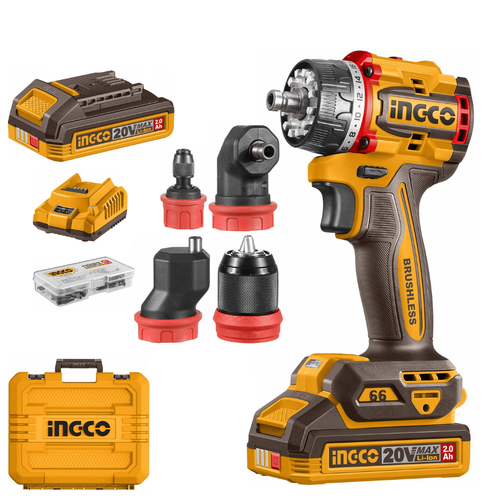 Ingco Drill Ingco 20V Brushless Cordless Multi-Head Drill Driver Kit 66Nm with 2 × 2.0Ah Batteries, Charger & Attachments - CDLI206686