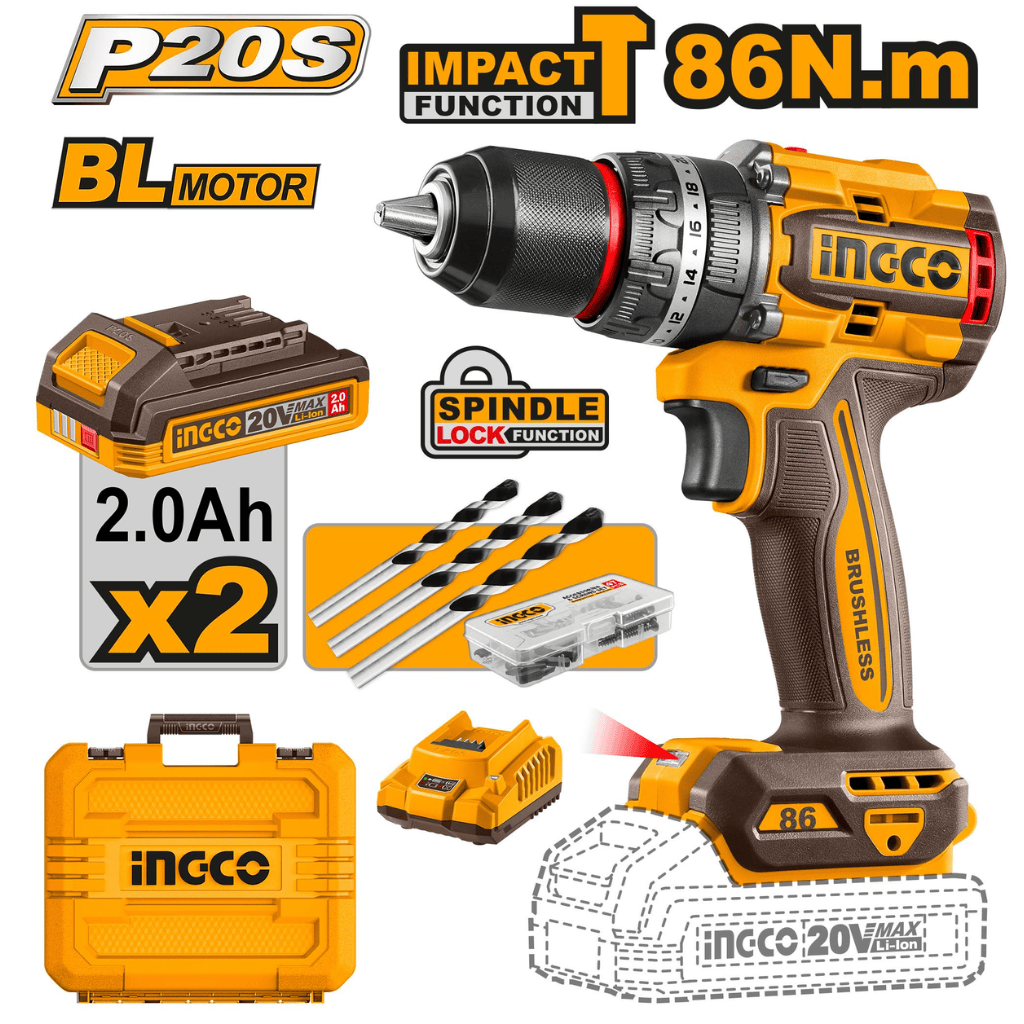Ingco Drill Ingco 20V Brushless Impact Drill 86Nm 30000 bpm With Two 2.0Ah Batteries - CIDLI208687