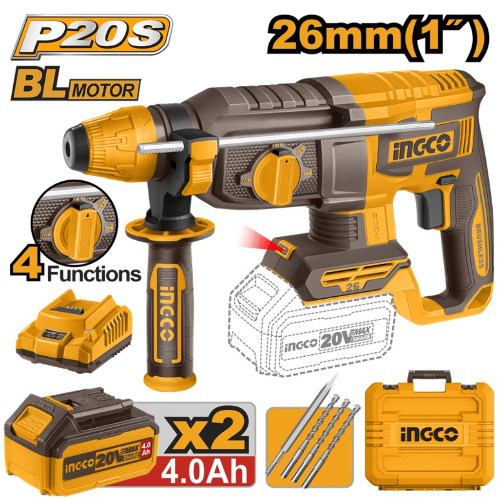 Ingco Drill Ingco 20V Lithium-Ion Cordless Brushless Rotary Hammer With 2x4.0Ah Batteries - CRHLI202682