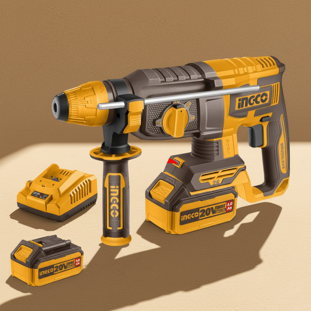 Ingco 20V Lithium-Ion Cordless Brushless Rotary Hammer With 2 x 4.0Ah Batteries & Charger - CRHLI262085