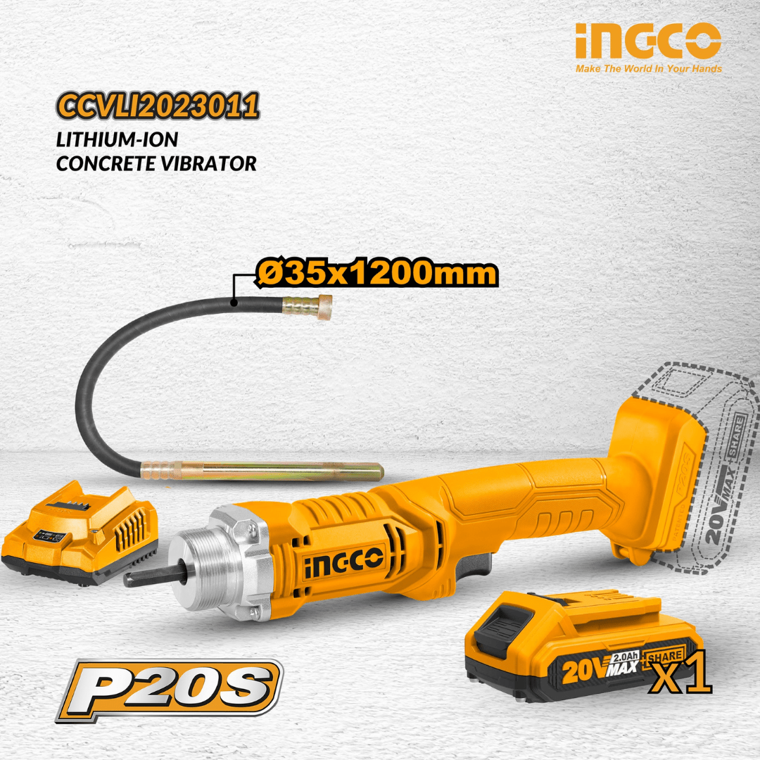 Ingco Construction Equipment Ingco 20V Lithium-Ion Cordless Concrete Vibrator 35mm with 2.0Ah Battery & Charger – CCVLI2023011