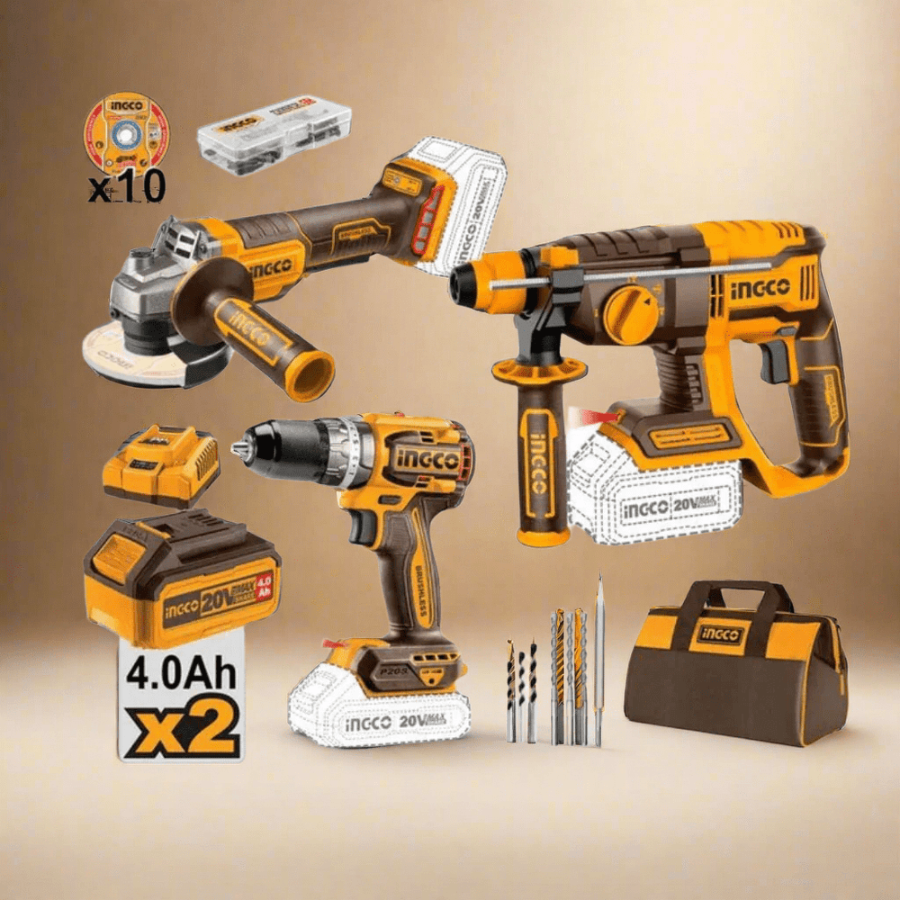 Ingco Power Tool Combo Kit Ingco 20V Lithium-Ion Cordless Rotary Hammer, Angle Grinder & Impact Drill Combo Kit Set - COSLI240202