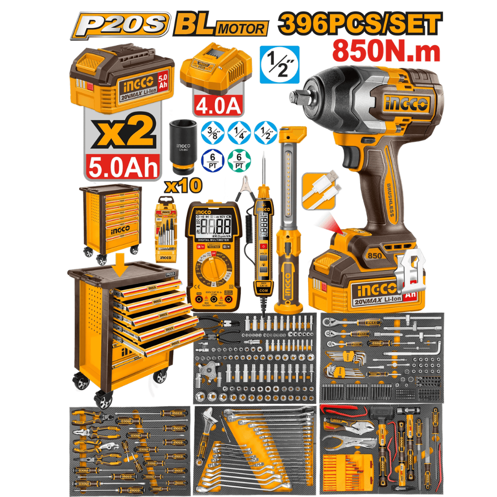 Ingco Impact Wrench & Drivers Ingco 396-Piece Professional Tool Chest Set with 850Nm 20V Brushless Impact Wrench & 7-Drawer Trolley - HTCS283962