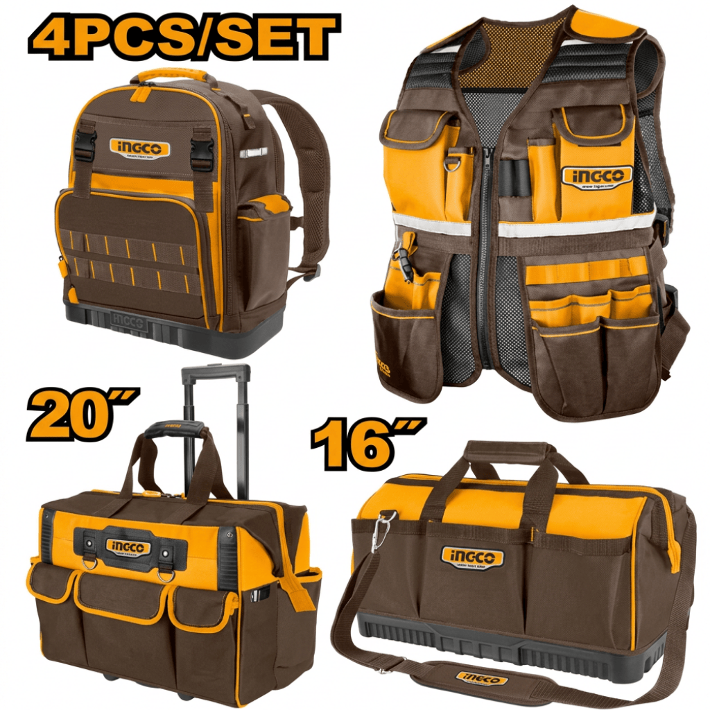 Ingco Tool Boxes Bags & Belts Ingco 4-Piece Professional Tool Bag Set with Tool Vest & Backpack - COS230914
