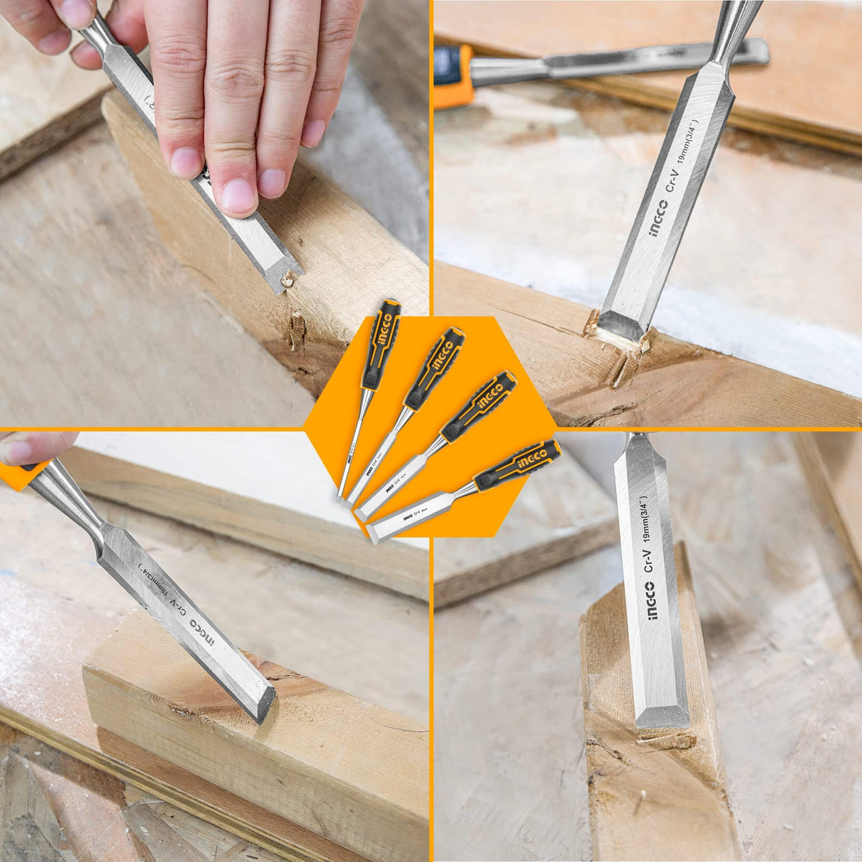 Ingco Chisels Files Planes & Punches Ingco 4-Piece Wood Chisel Set with CR-V Blade - HKTWC0401