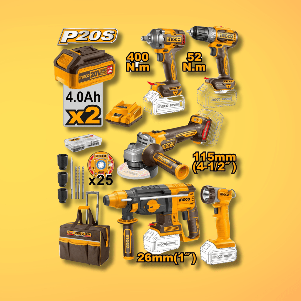 Ingco Power Tool Combo Kit Ingco 5-Piece Cordless Industrial Combo Kit 20V with 2 Pieces 4.0Ah Battery – CKLI2058