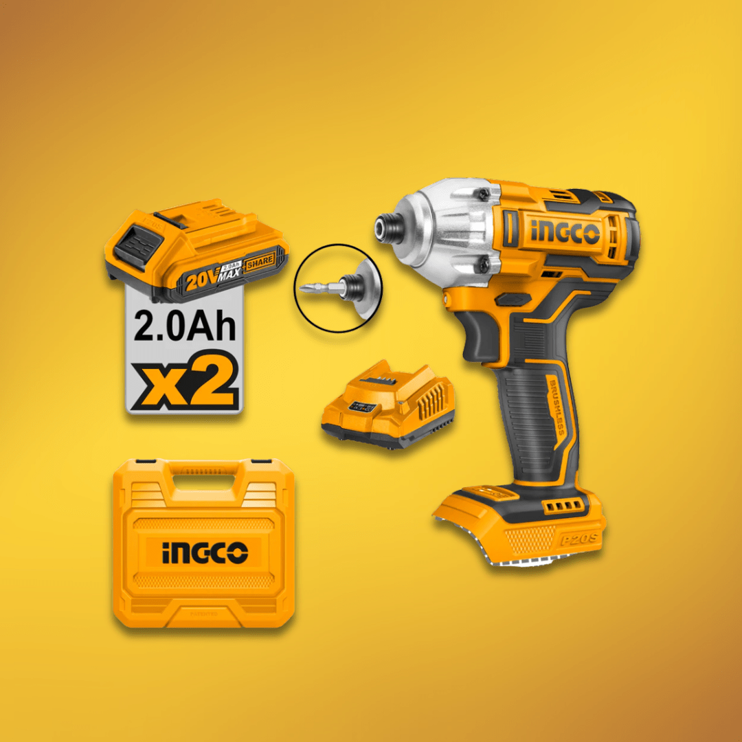 Ingco Impact Wrench & Driver Ingco 6.35mm Brushless Lithium-Ion Cordless Impact Driver with Two 20V 2.0Ah Batteries & Charger - CIRLI2017
