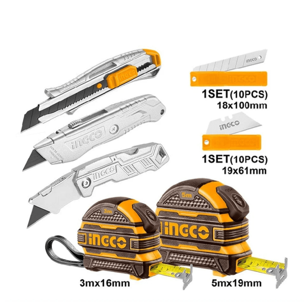 Ingco Specialty Hand Tools Ingco 7-Piece Steel Measuring Tape & Utility Knife Set – HMK23036