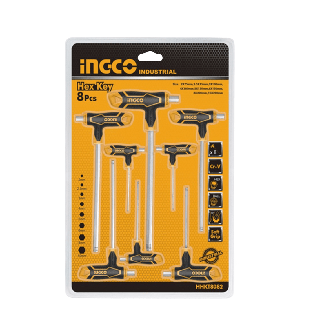 Ingco Screwdrivers Ingco 8-Piece T-Handle Ball End Hex Key Set | Cr-V, Chrome-Plated - HHKT8082