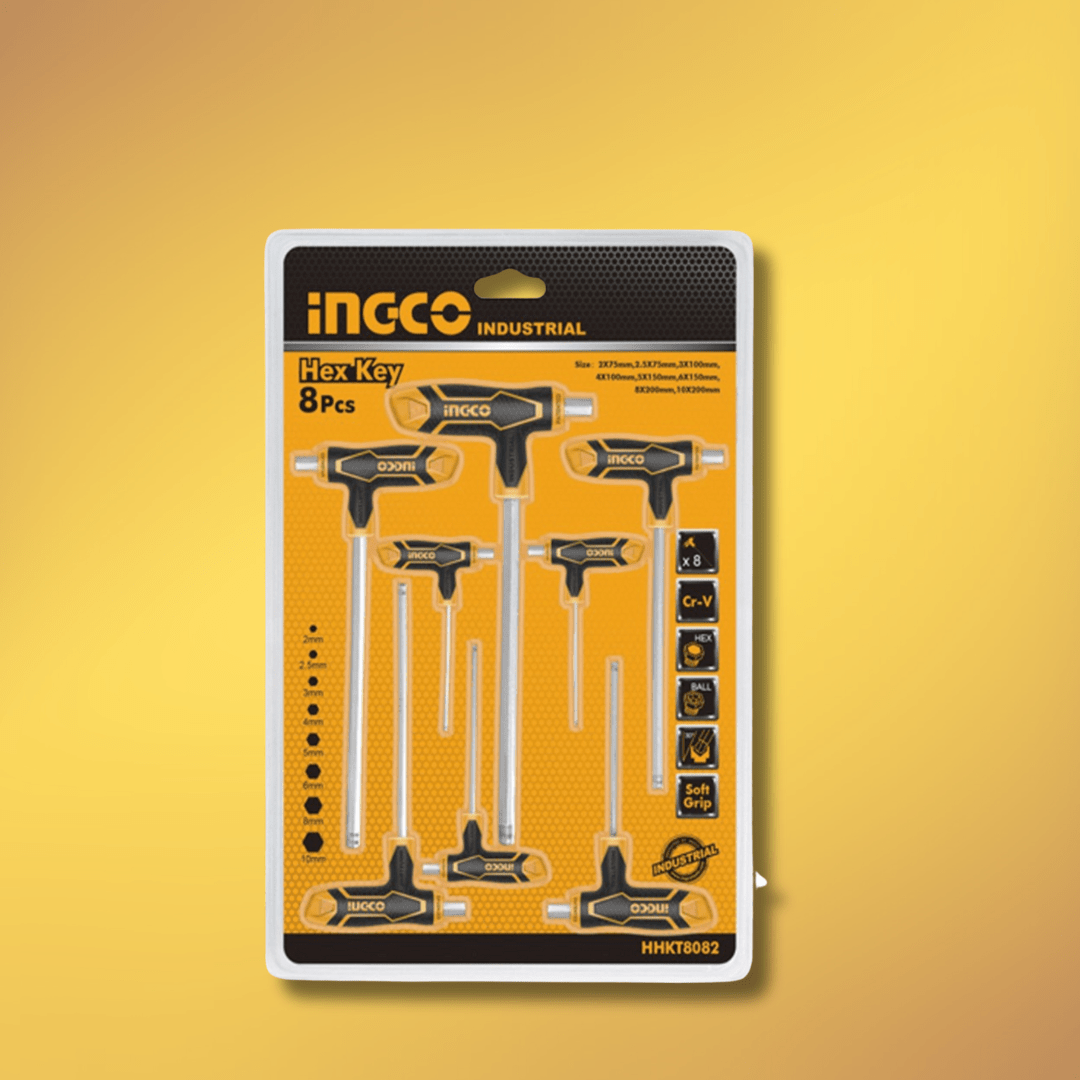Ingco Screwdrivers Ingco 8-Piece T-Handle Ball End Hex Key Set | Cr-V, Chrome-Plated - HHKT8082
