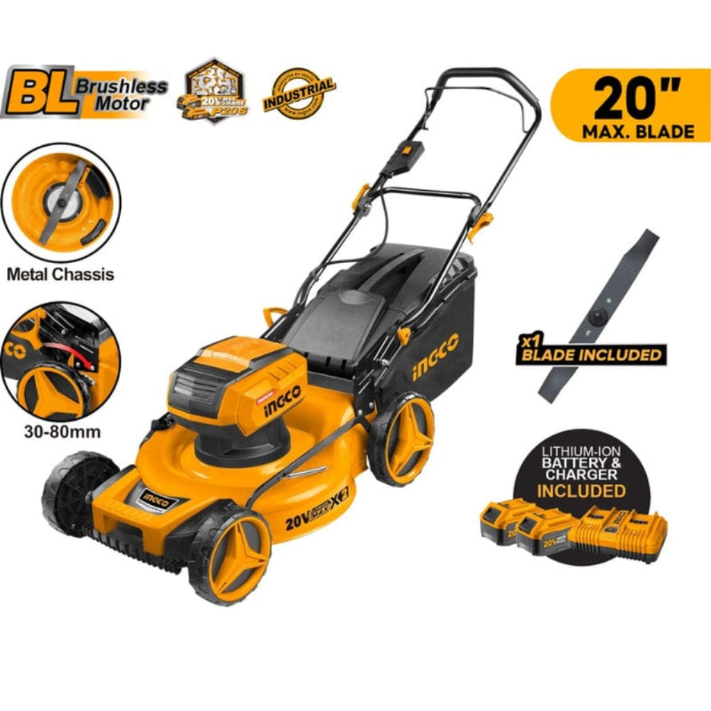 Ingco Lawn Mower Ingco Brushless 20" Lithium-ion Cordless Lawn Mower with Two 40V 5.0Ah Batteries & Charger - LMLI20202