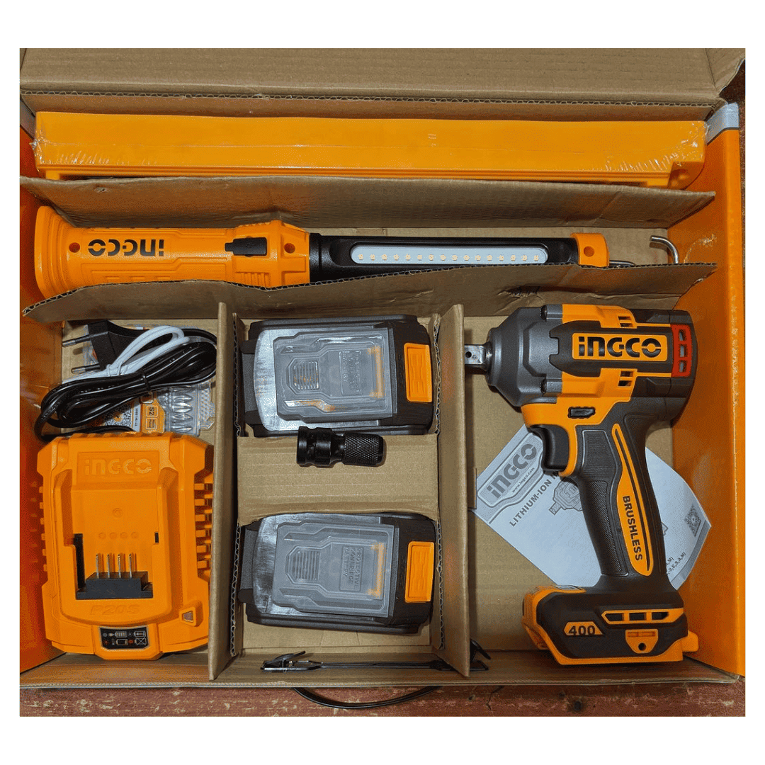 Ingco Power Tool Combo Kit Ingco Cordless Impact Wrench 400Nm + Two 20V Batteries + Socket Set + Work Lamp - COSLI23048