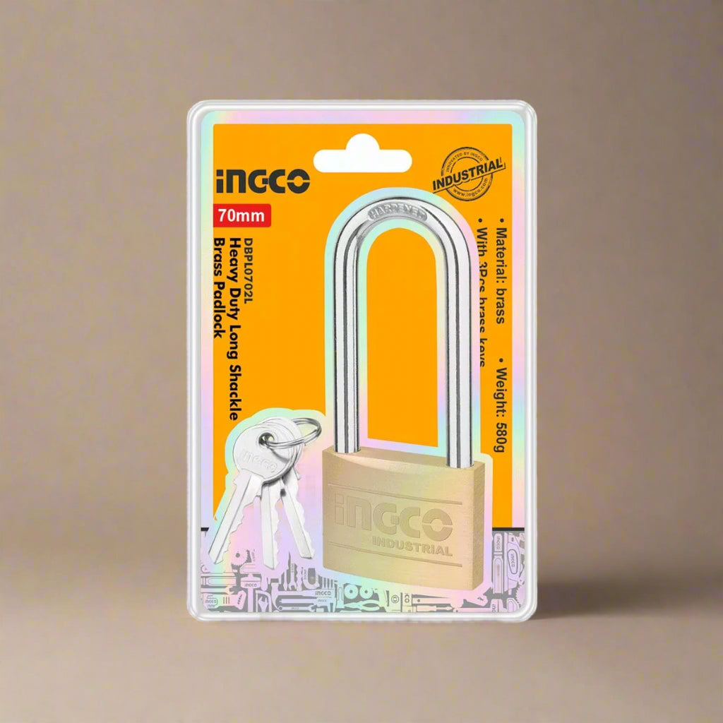 Ingco Padlocks & Accessories Ingco Heavy Duty Long Shackle Brass Padlock - DBPL0702L