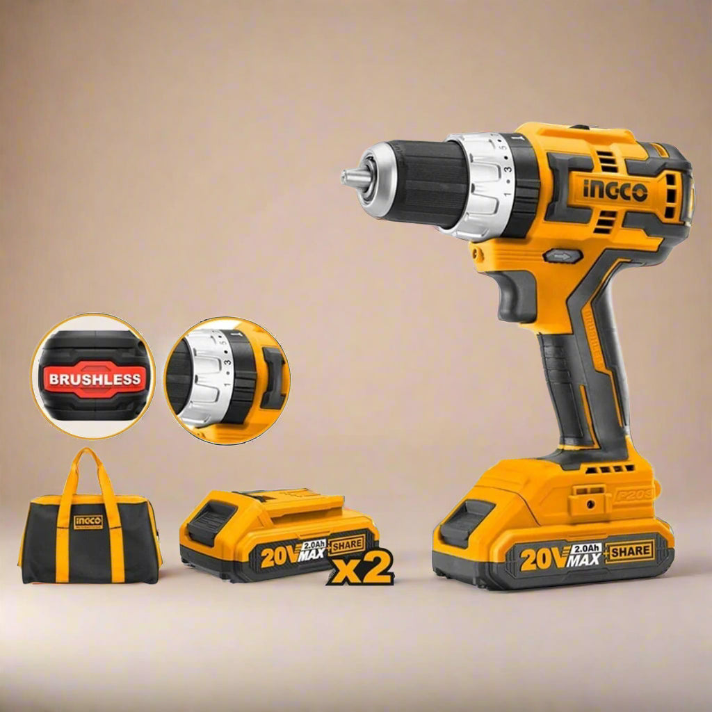 Ingco Drill Ingco Lithium-Ion Brushless Cordless Hammer Impact Drill with Two 20V 2.0Ah Batteries & Charger - CIDLI20605