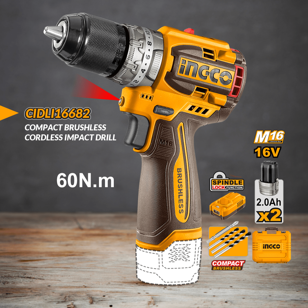 Ingco Drill Ingco Lithium-Ion Compact Brushless Cordless Drill 16V - CIDLI16682