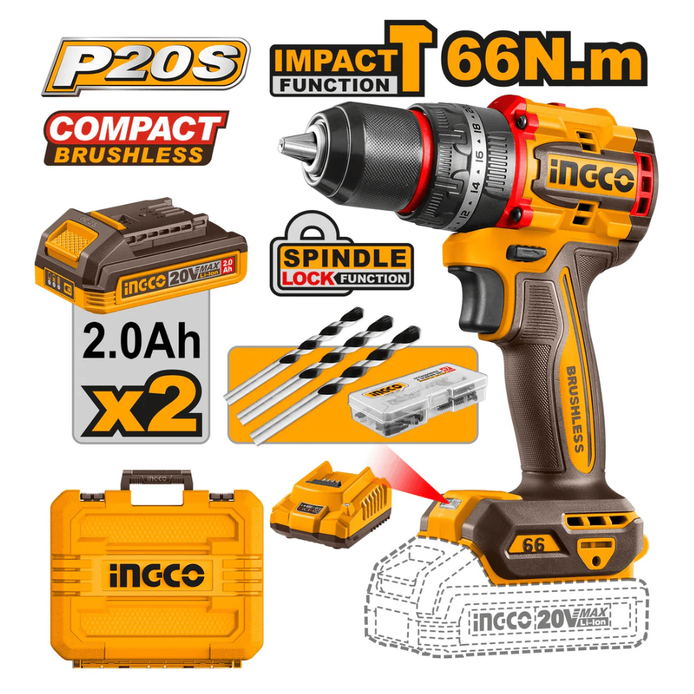 Ingco Drill Ingco Lithium-Ion Compact Brushless Cordless Drill - CDLI20668