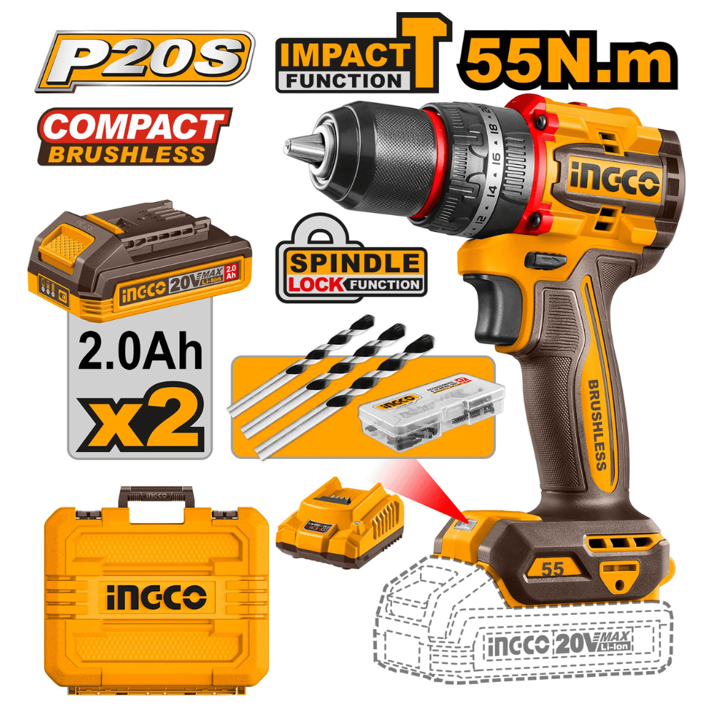 Ingco Drill Ingco Lithium-Ion Compact Brushless Cordless Impact Drill - CIDLI20558