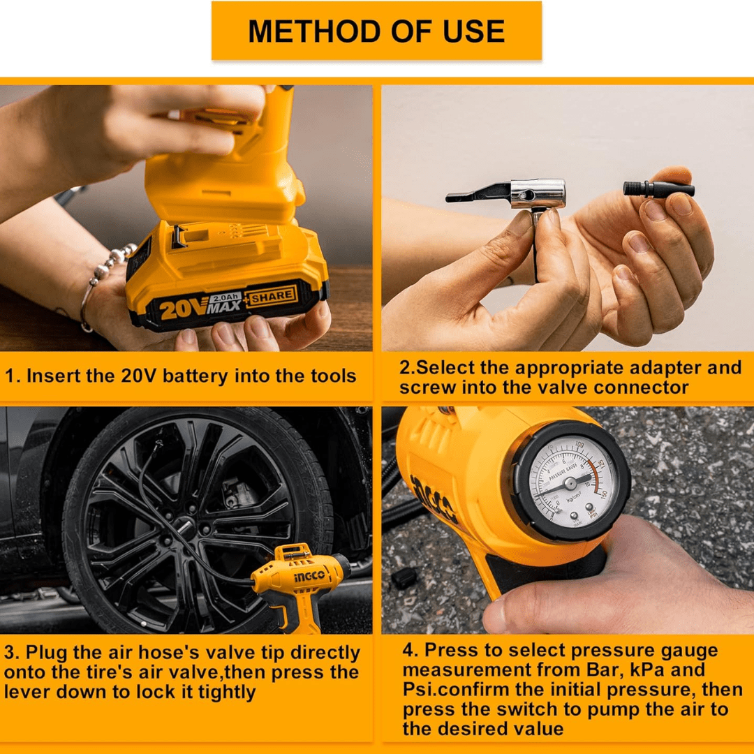 Ingco Compressor & Air Tool Accessories Ingco Lithium-Ion Cordless Auto Air Compressor 20V 2.0Ah - CACLI2001