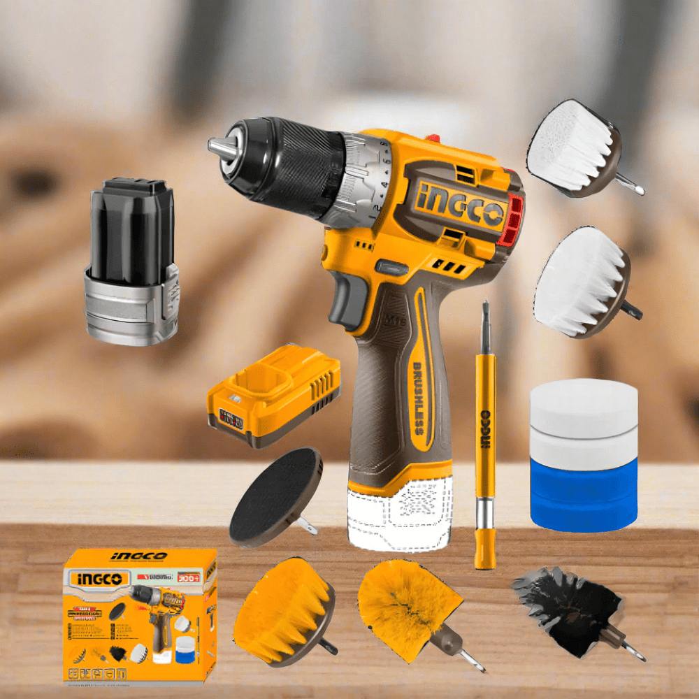 Ingco Drill Ingco Lithium-Ion Cordless Drill 16V 60Nm + 2 Pieces 20V Batteries + 11 Pieces Cleaning Brush Set - COSLI240786