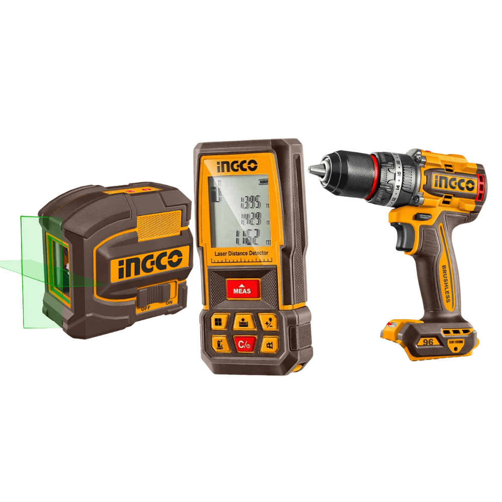 Ingco Power Tool Combo Kit Ingco Lithium-ion Cordless Drill 20V 76Nm + 2 Battery + Laser Level 35m + Distance Detector 70m Combo Kit - COSLI250511