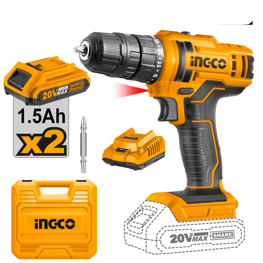 Ingco Drill Ingco Lithium-Ion Cordless Drill with 20V 1.5Ah Batteries & Charger - CDLI20028