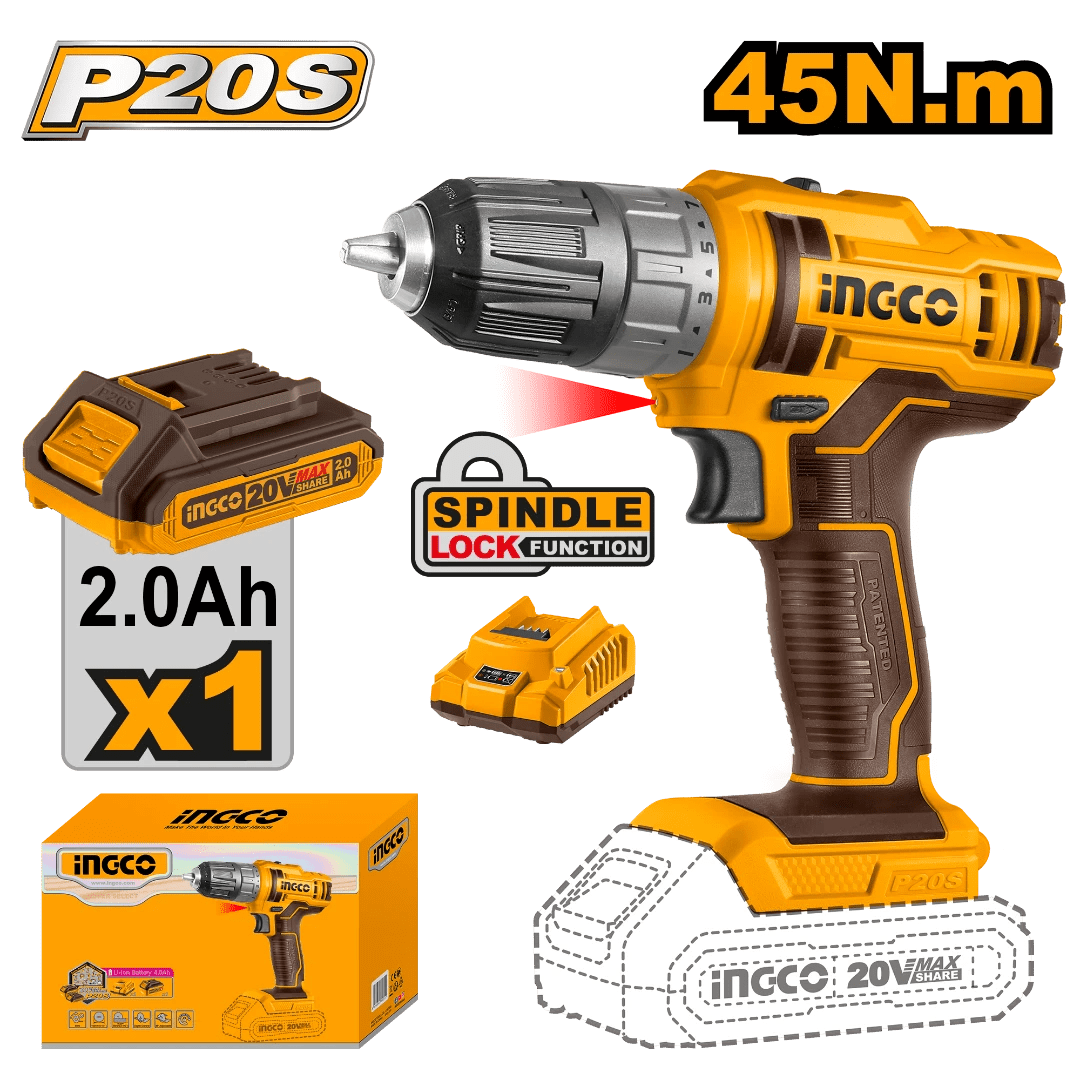 Ingco Drill Ingco Lithium-Ion Cordless Drill with 20V 2.0Ah Battery & Charger - CDLI200518