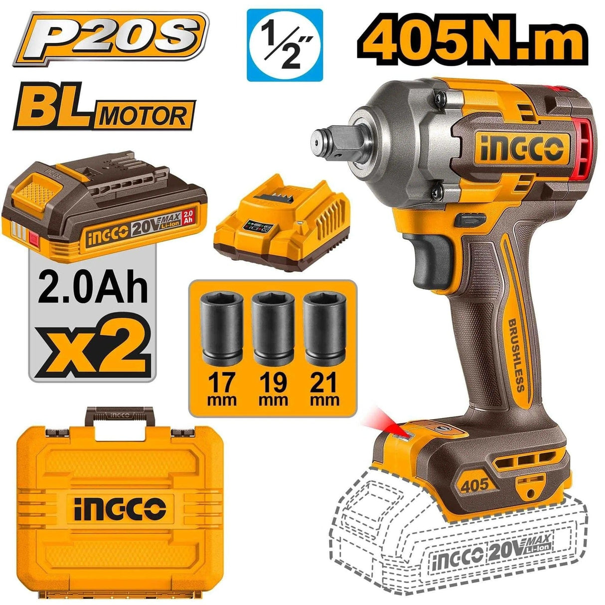 Ingco Impact Wrench & Driver Ingco Lithium-Ion Cordless Impact Wrench With Two Batteries And Two Charger - CIWLI2045