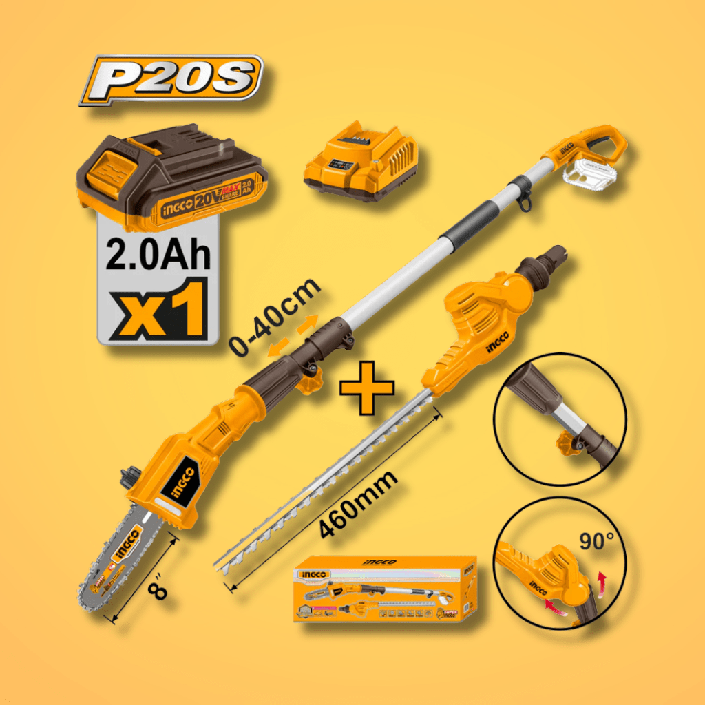 Ingco Trimmer Ingco Lithium-Ion Cordless Pole Saw with Pole Hedge Trimmer with 20V 2.0Ah Battery & Charger - CPTS201681
