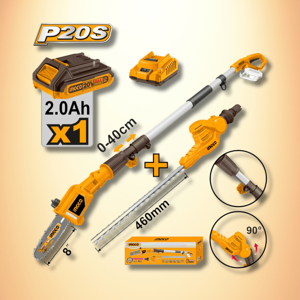 Ingco Trimmer Ingco Lithium-Ion Cordless Pole Saw with Pole Hedge Trimmer with 20V 2.0Ah Battery & Charger - CPTS201681