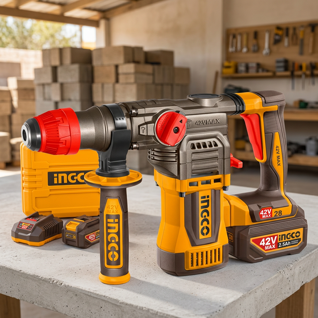 Ingco rotary hammer kit on a workshop bench
