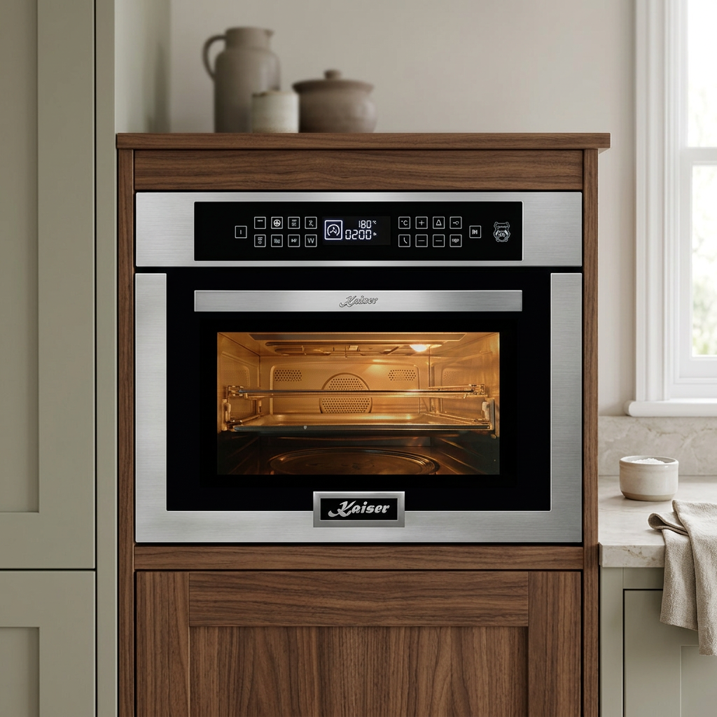 Kaiser compact oven built into walnut cabinetry