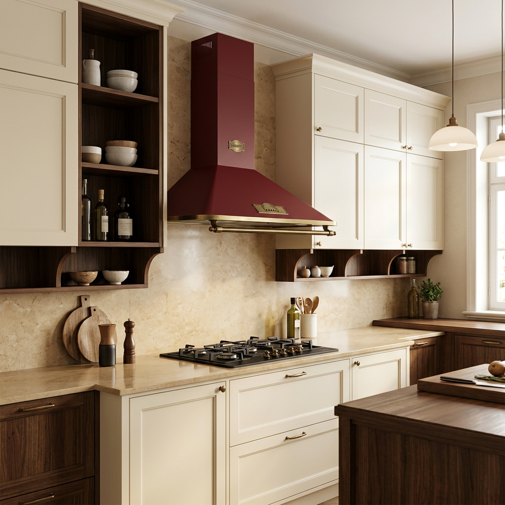Kaiser Empire cooker hood in a classic cream-and-wood kitchen