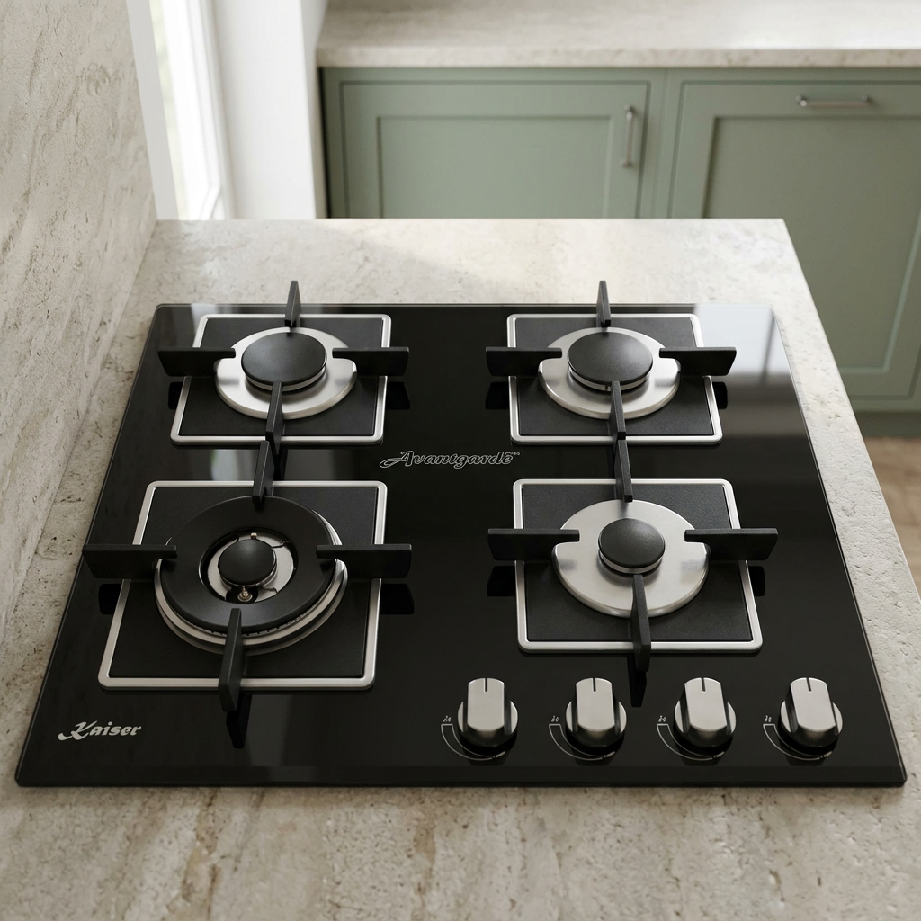Kaiser four-burner black glass hob in a premium kitchen setting
