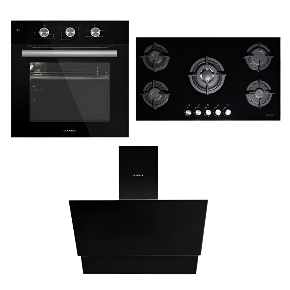 Luxell/Kumtel Kitchen Appliances Luxell 90cm Black Glass Built-In Set – Hob, Hood & Oven
