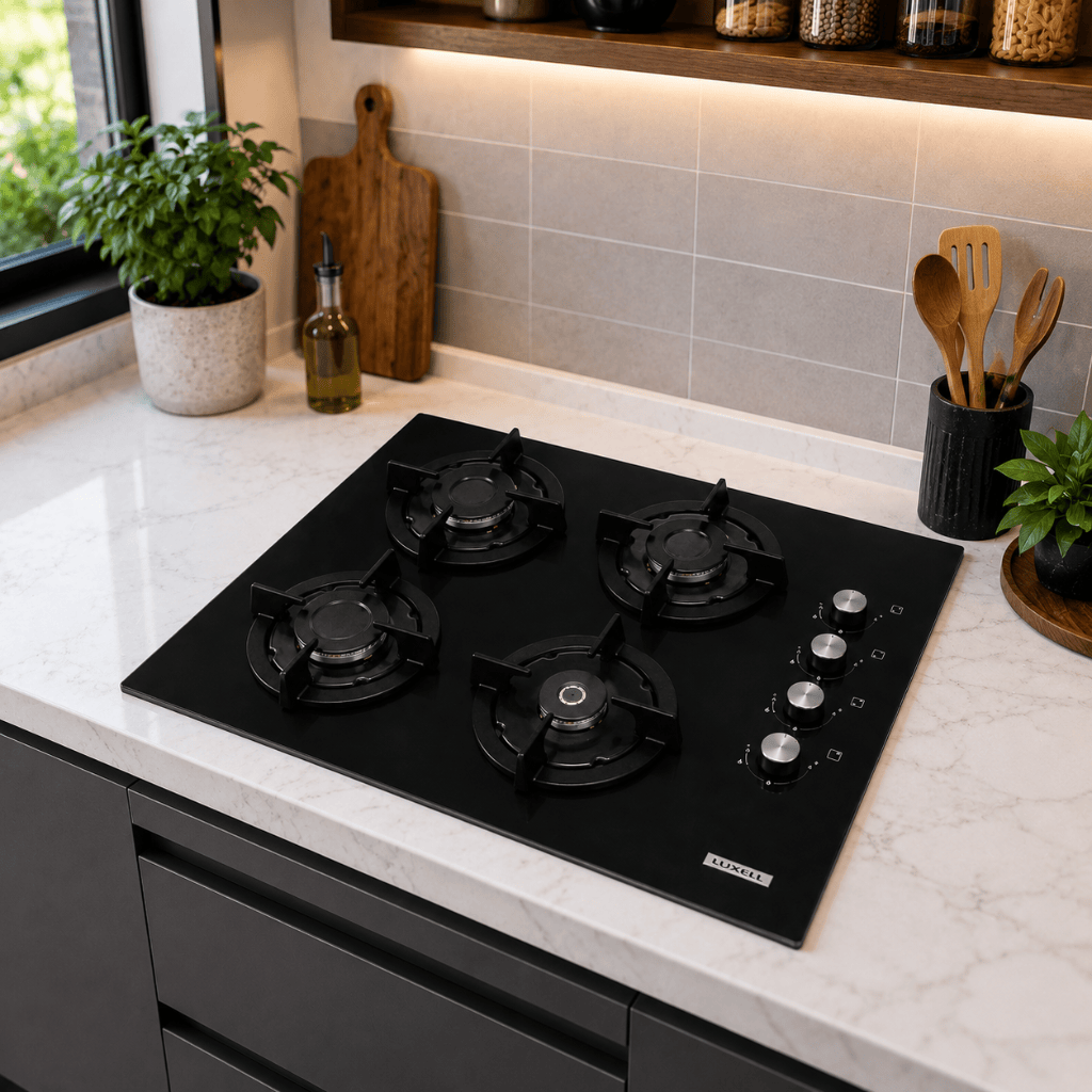 Luxell Built-In Hobs Luxell 60cm 4-Burner Built-In Glass Gas Hob with Gas Safety & Auto Ignition - C6-40BF