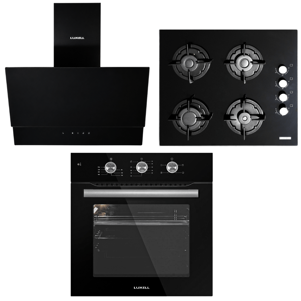 Luxell Built-In Kitchen Appliances Luxell 60cm Black Glass 3-Piece Built-In Kitchen Set with 4-Burner Hob, 650m³/h Hood & Convection Oven - LXSET-60-BG-M