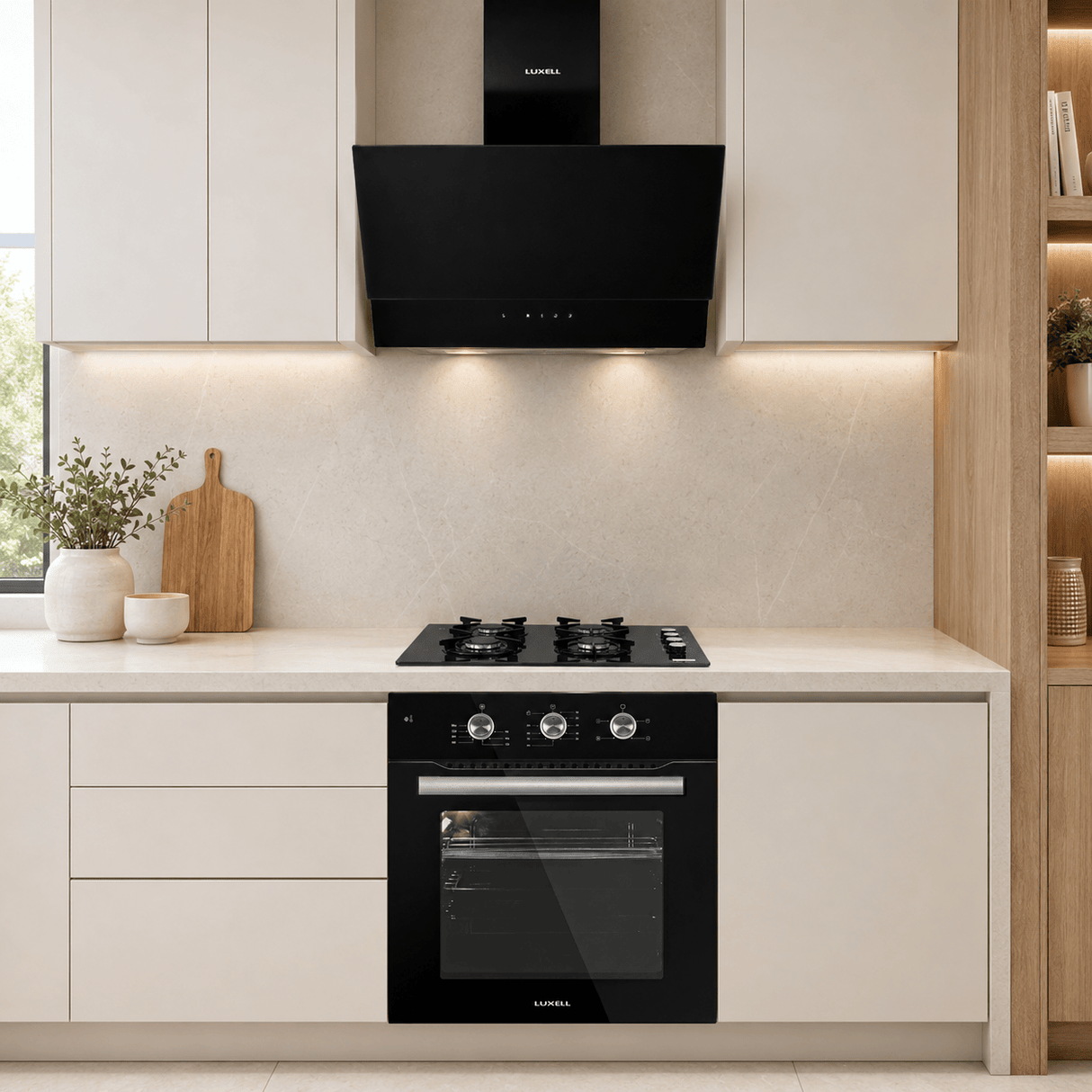Luxell Built-In Kitchen Appliances Luxell 60cm Black Glass 3-Piece Built-In Kitchen Set with 4-Burner Hob, 650m³/h Hood & Convection Oven - LXSET-60-BG-M