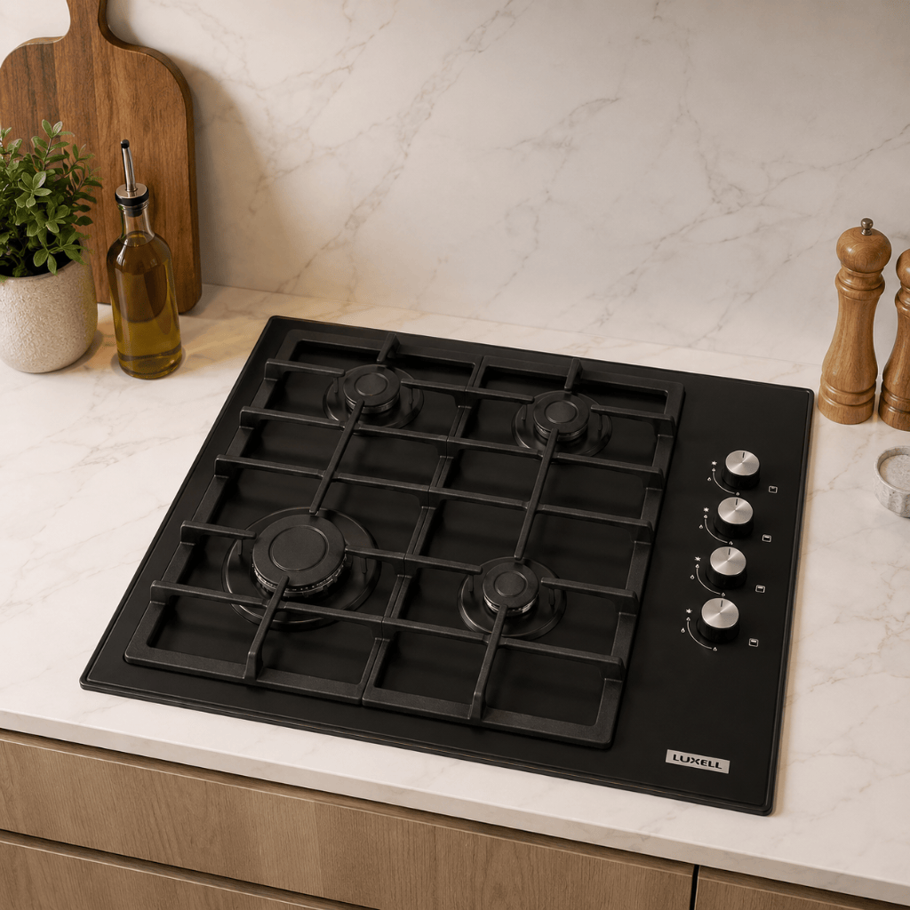 Luxell Built-In Kitchen Appliances Luxell 60cm Kehribar Glass 3-Piece Built-In Kitchen Set with 4-Burner Hob, 650m³/h Hood & Convection Oven - LXSET-60-KG-M