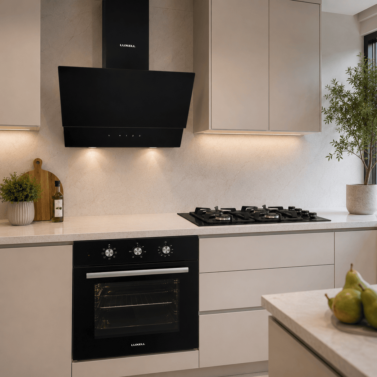 Luxell Built-In Kitchen Appliances Luxell 60cm Kehribar Glass 3-Piece Built-In Kitchen Set with 4-Burner Hob, 650m³/h Hood & Convection Oven - LXSET-60-KG-M