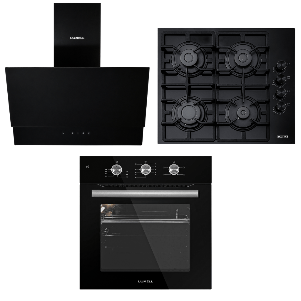 Luxell Built-In Kitchen Appliances Luxell 60cm Kehribar Glass 3-Piece Built-In Kitchen Set with 4-Burner Hob, 650m³/h Hood & Convection Oven - LXSET-60-KG-M