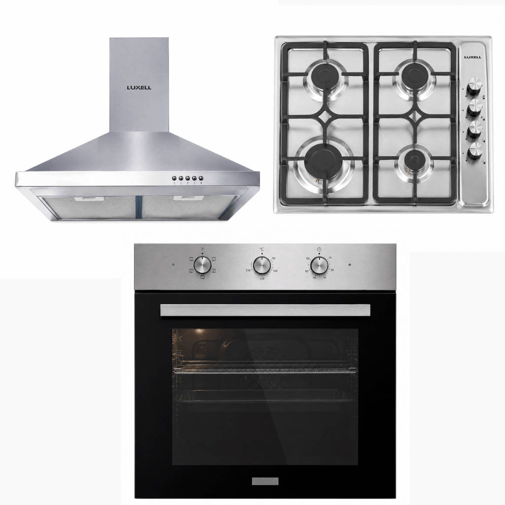 Luxell Built-In Kitchen Appliances Luxell 60cm Stainless Steel 3-Piece Built-In Kitchen Set with 4-Burner Hob, Pyramid Hood & 57L Turbo Oven - LXSET-60-SS-M