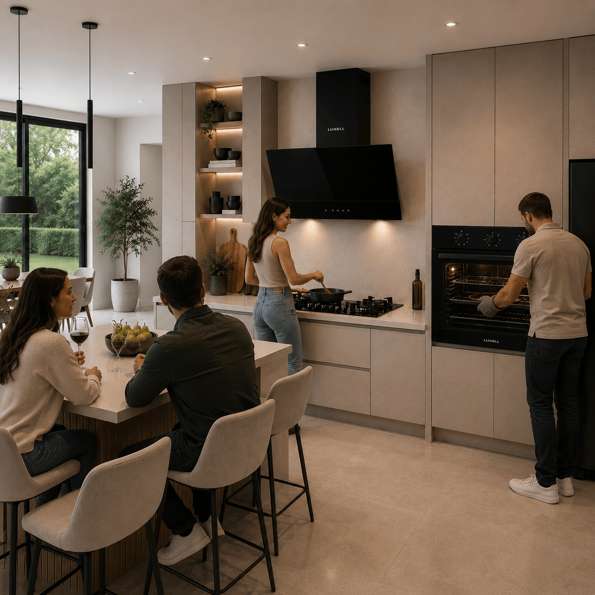Luxell Built-In Kitchen Appliances Luxell 90cm Black Glass 3-Piece Built-In Kitchen Set with 5-Burner Hob, 650m³/h Hood & 105L Double-Fan Oven - LXSET-90-90M