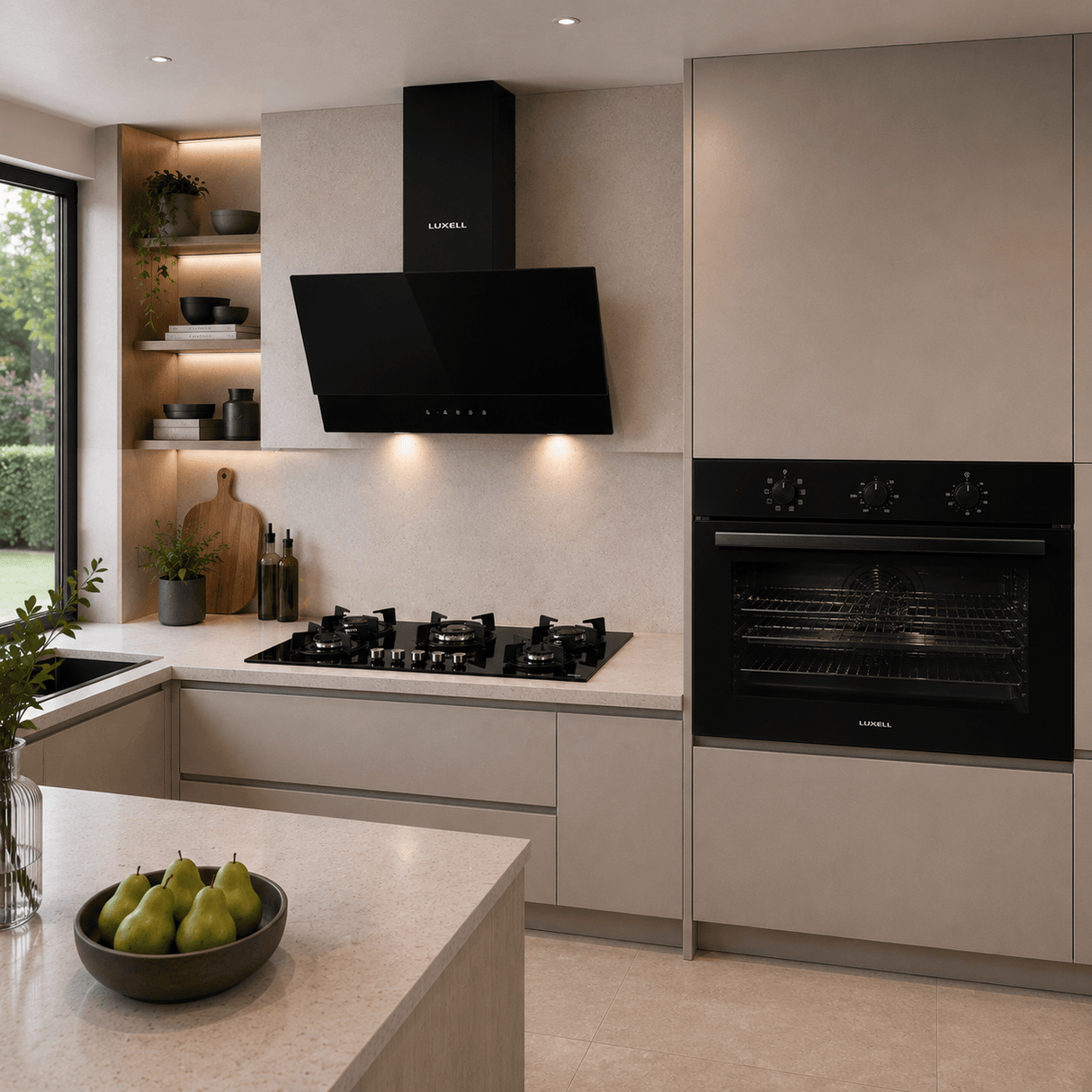 Luxell Built-In Kitchen Appliances Luxell 90cm Black Glass 3-Piece Built-In Kitchen Set with 5-Burner Hob, 650m³/h Hood & 105L Double-Fan Oven - LXSET-90-90M
