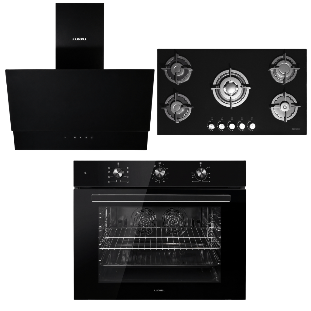 Luxell Built-In Kitchen Appliances Luxell 90cm Black Glass 3-Piece Built-In Kitchen Set with 5-Burner Hob, 650m³/h Hood & 105L Double-Fan Oven - LXSET-90-90M