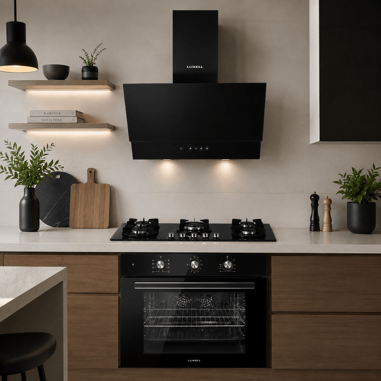 Luxell Built-In Kitchen Appliances Luxell 90cm Black Glass 3-Piece Built-In Kitchen Set with 5-Burner Hob, 650m³/h Hood & 105L Double-Fan Oven - LXSET-90-90M